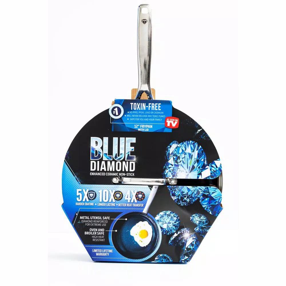 Blue Diamond 12 in. Aluminum Ceramic Nonstick Frying Pan with Glass Lid, Blue