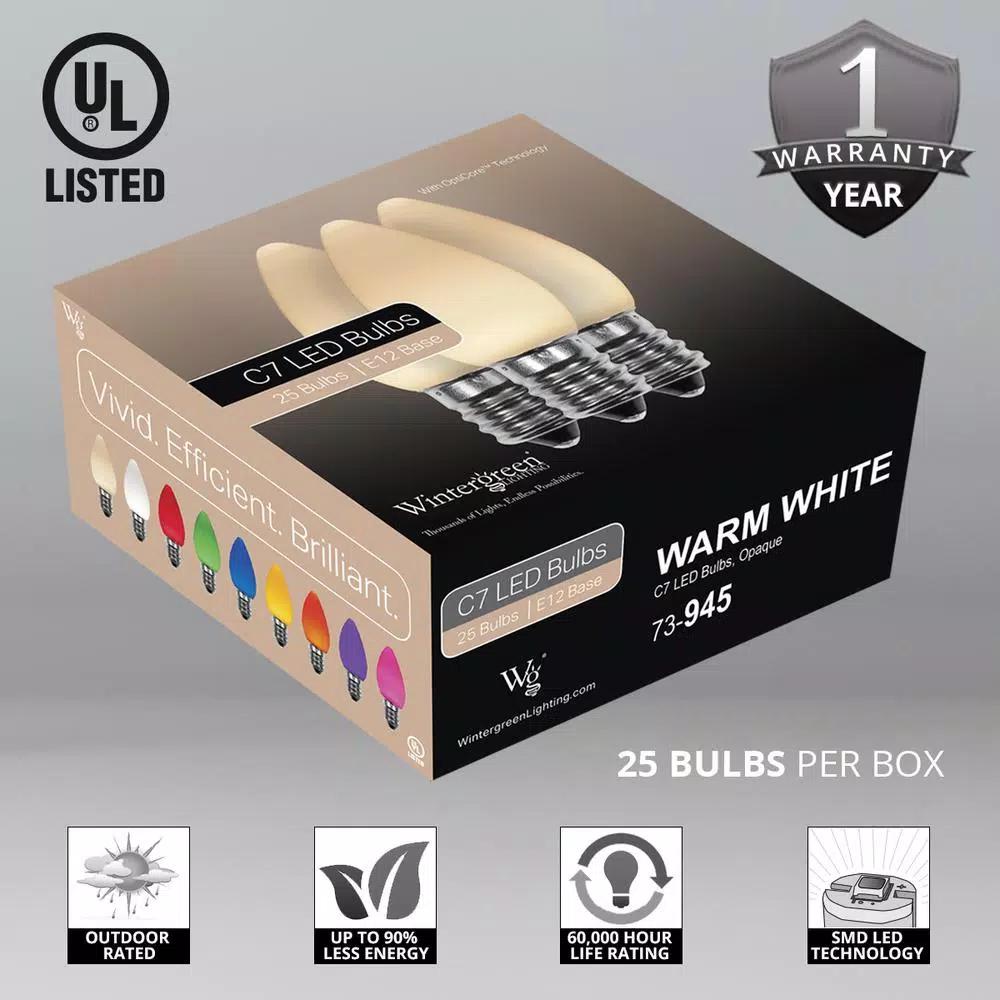 Wintergreen Lighting OptiCore C7 LED Warm White Smooth Opaque Christmas Light Bulbs, 25-Pack