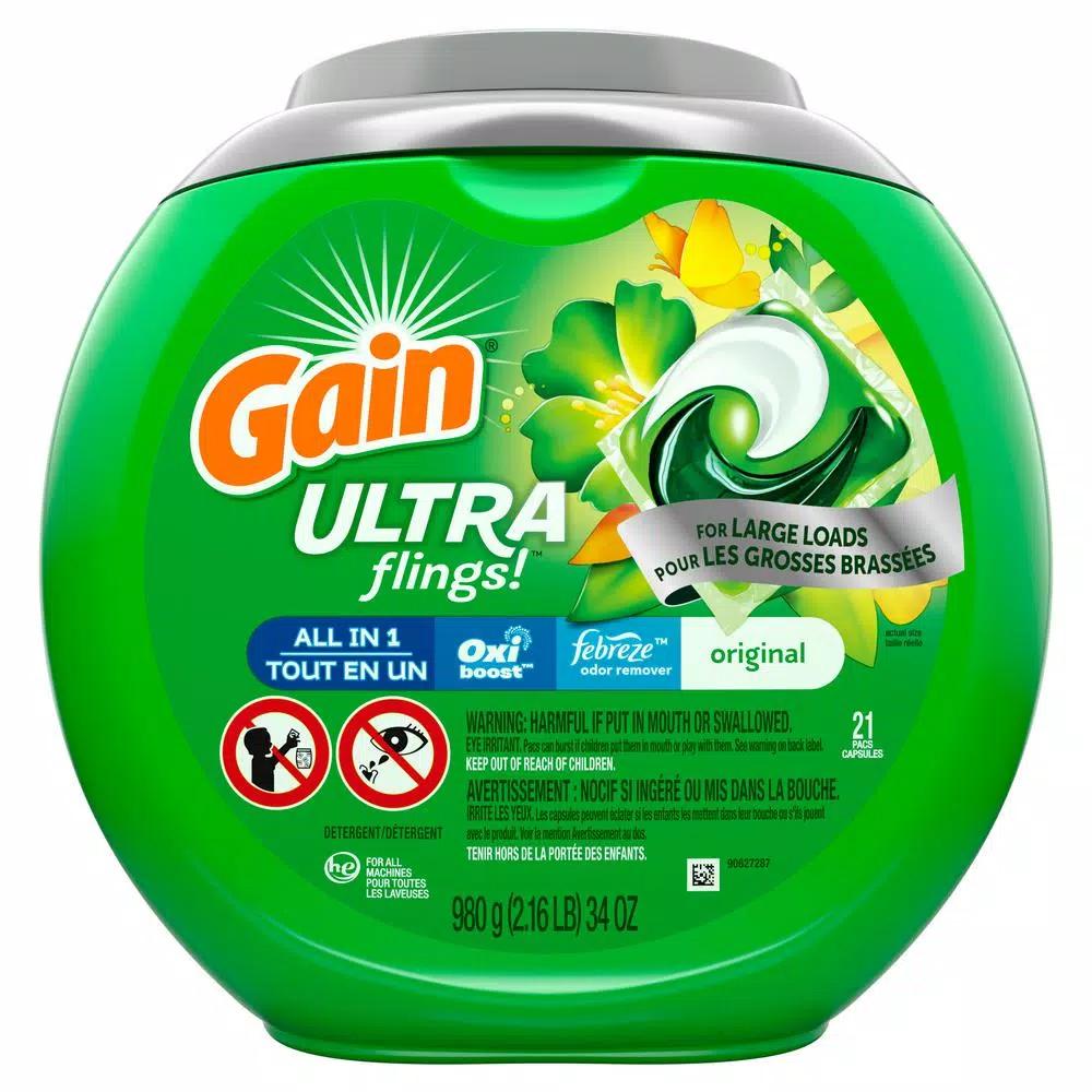 Gain Ultra Flings Laundry Detergent Pods with Febreze Oxi Boost, Original Scent, 21-Count