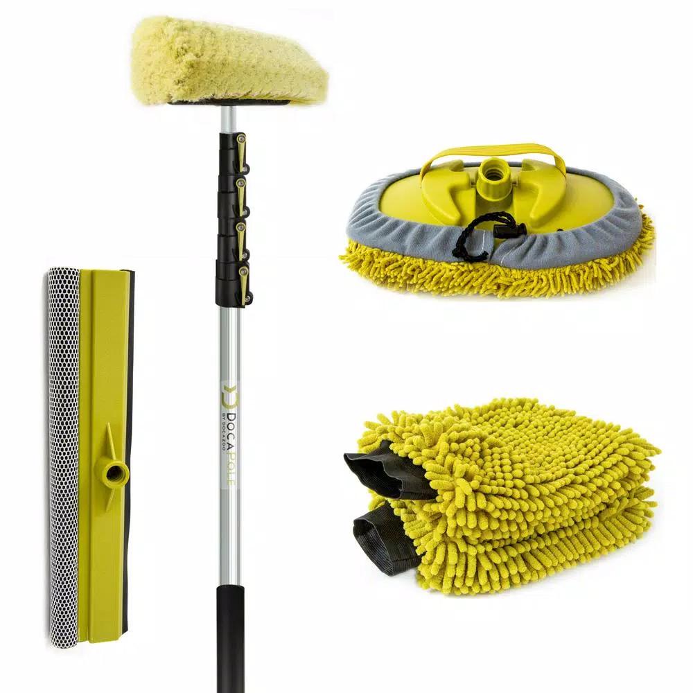 DocaPole 7 ft. to 30 ft. Telescopic Car Wash Cleaning Kit with Extension Pole, Squeegee, and Microfiber Mitts