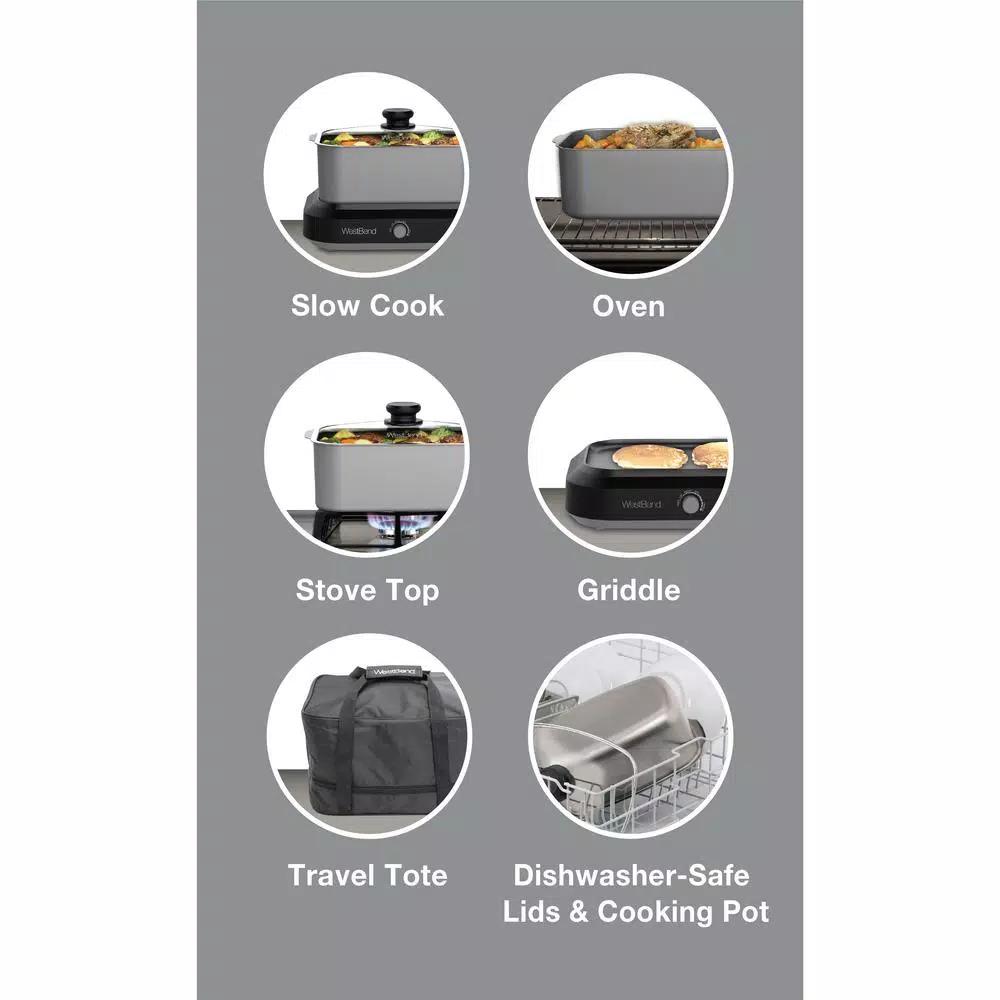 West Bend 5 Qt. Silver Non-Stick Versatility Slow Cooker with Griddle Base, Travel Lid and Thermal Tote
