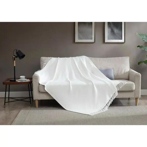 Unbranded MHF Home 50 in. x 60 in. 100% Cotton White Knit Throw Blanket with Tassels