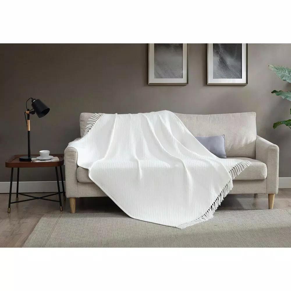 Unbranded MHF Home 50 in. x 60 in. 100% Cotton White Knit Throw Blanket with Tassels