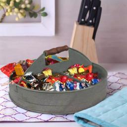 Benzara Round Galvanized Steel Divided Serving Tray with Wood Handles, Gray thumbnail 6