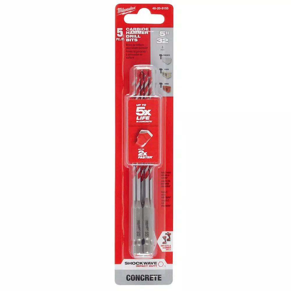 Milwaukee SHOCKWAVE 5/32 in. Carbide Hammer Drill Bits, 5-Pack