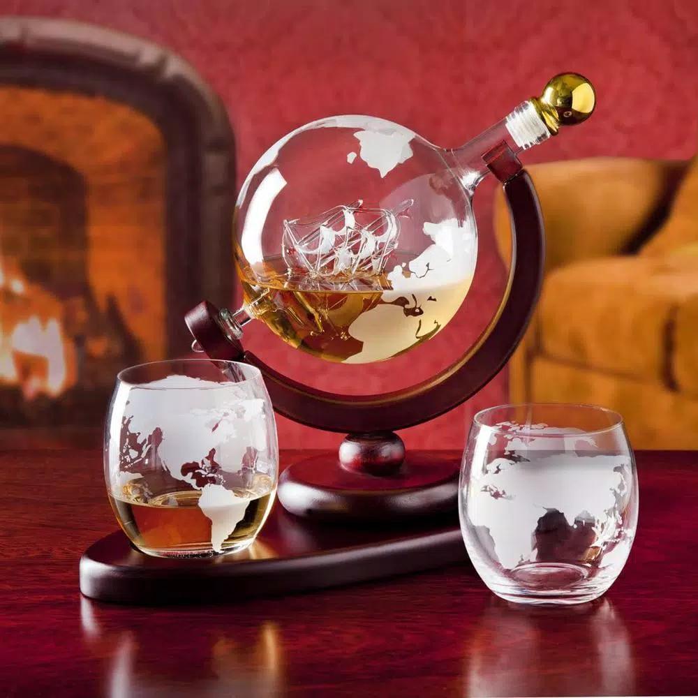 Godinger Globe Crystal Whiskey Decanter and 2-Piece DOF Glass Set with Mahogany Stained Tray