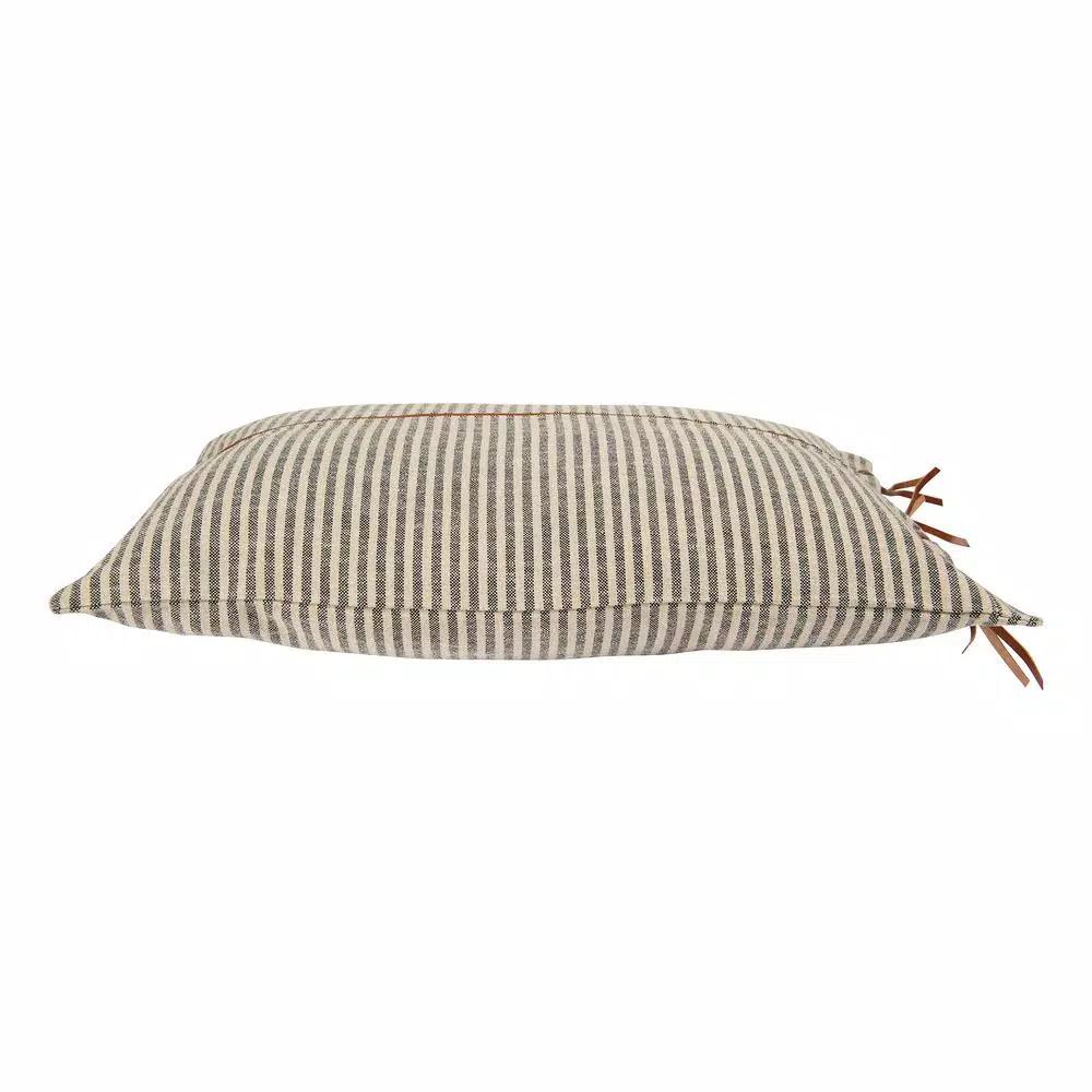 3R Studios Black & Beige Striped Cotton Ticking Lumbar Throw Pillow with Leather Trim, 24 x 16 in.