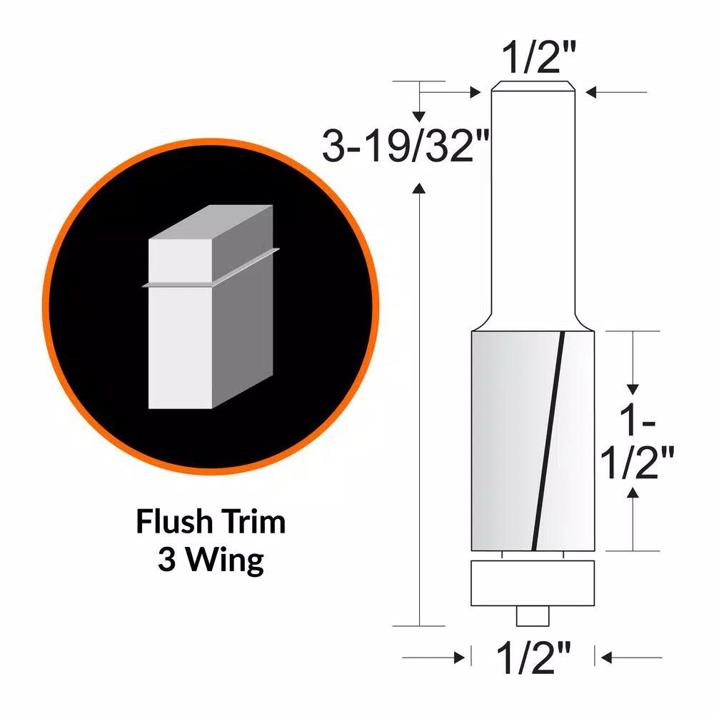 WEN 1/2 in. Flush Trim 3-Wing Carbide Tipped Router Bit, 1/2 in. Shank