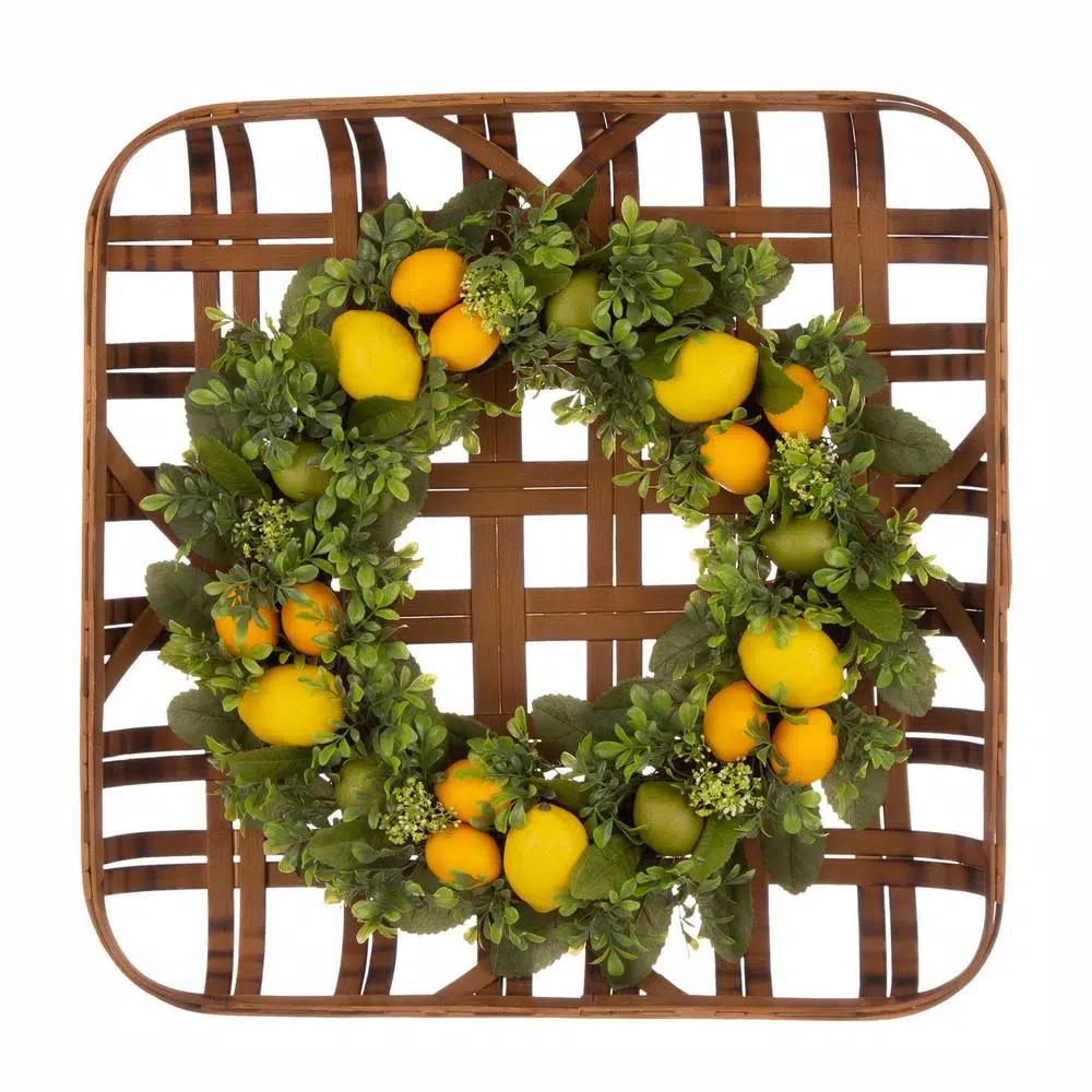Unbranded 22 in. Greenery Lemon Wreath with 24 in. Bamboo Tobacco Basket