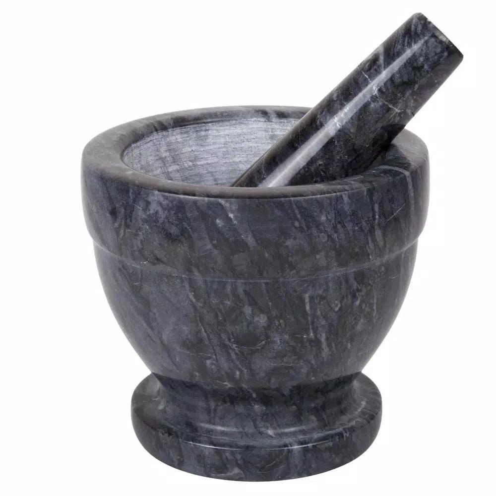 Creative Home Natural Black Marble Mortar and Pestle Set, 5-1/4 in. Stone Grinder for Spices and Herbs
