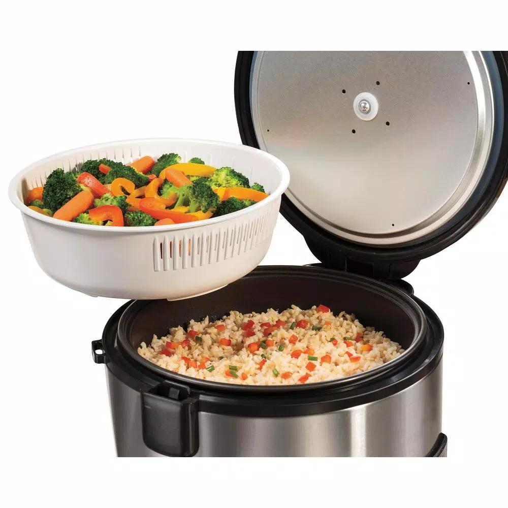 Hamilton Beach 20-Cup Stainless Steel Rice and Hot Cereal Cooker with Rice Rinser and Steam Basket