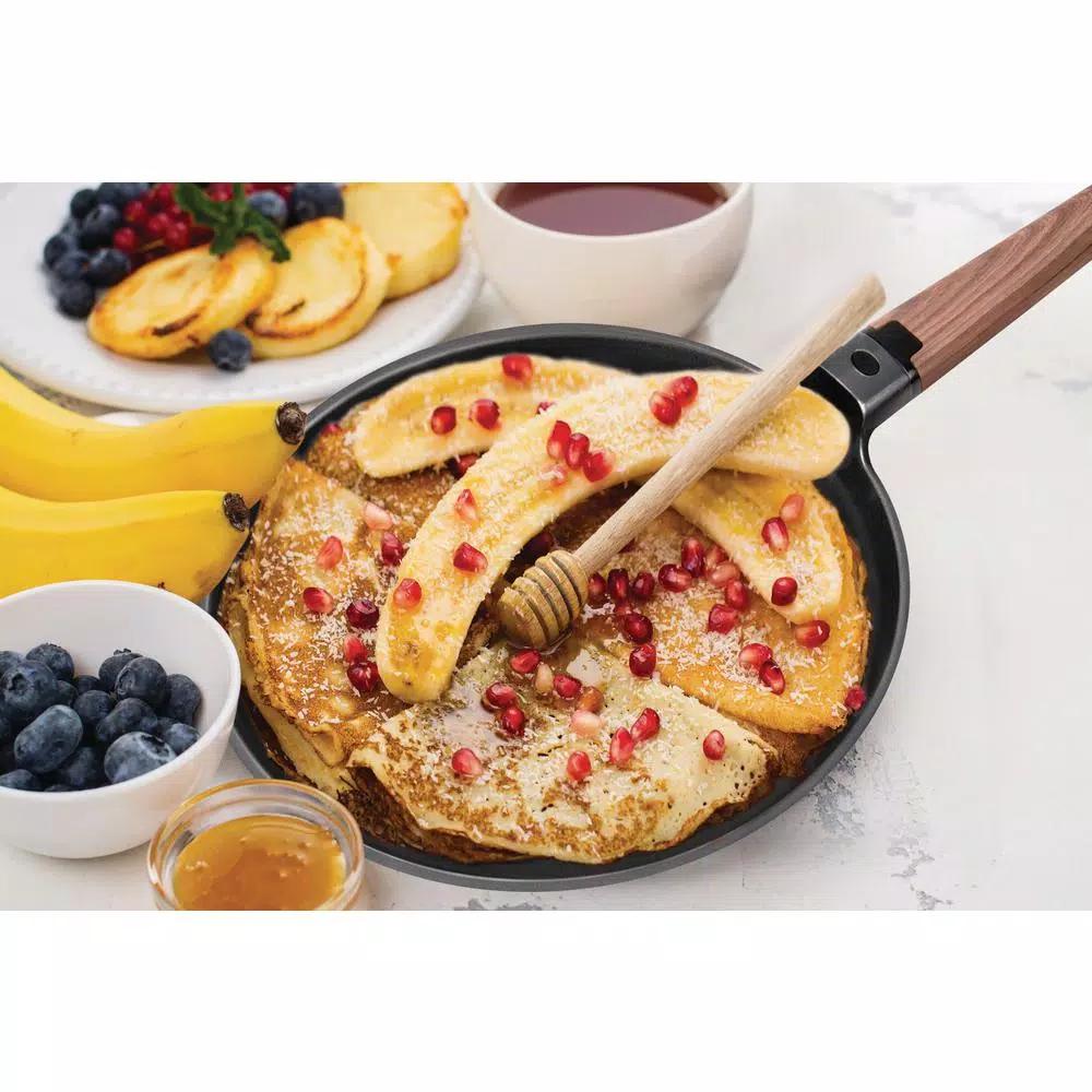 MasterPan 11 in. Non-Stick Cast Aluminum Crepe Pan with Detachable Handle, Induction Compatible, Black