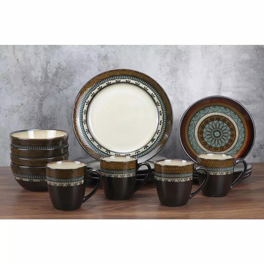 Lorren Home Trends 16-Piece Stoneware Dinnerware Set, Service for 4, Assorted Earth Tone Mosaic Design