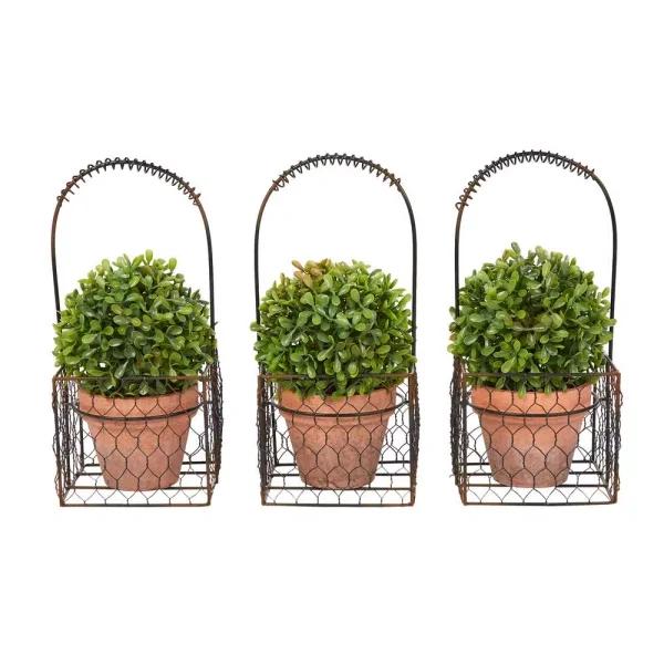 Pure Garden 9.5 in. Faux Boxwood Topiary Arrangement with Decorative Metal Wire Baskets (Set of 3)