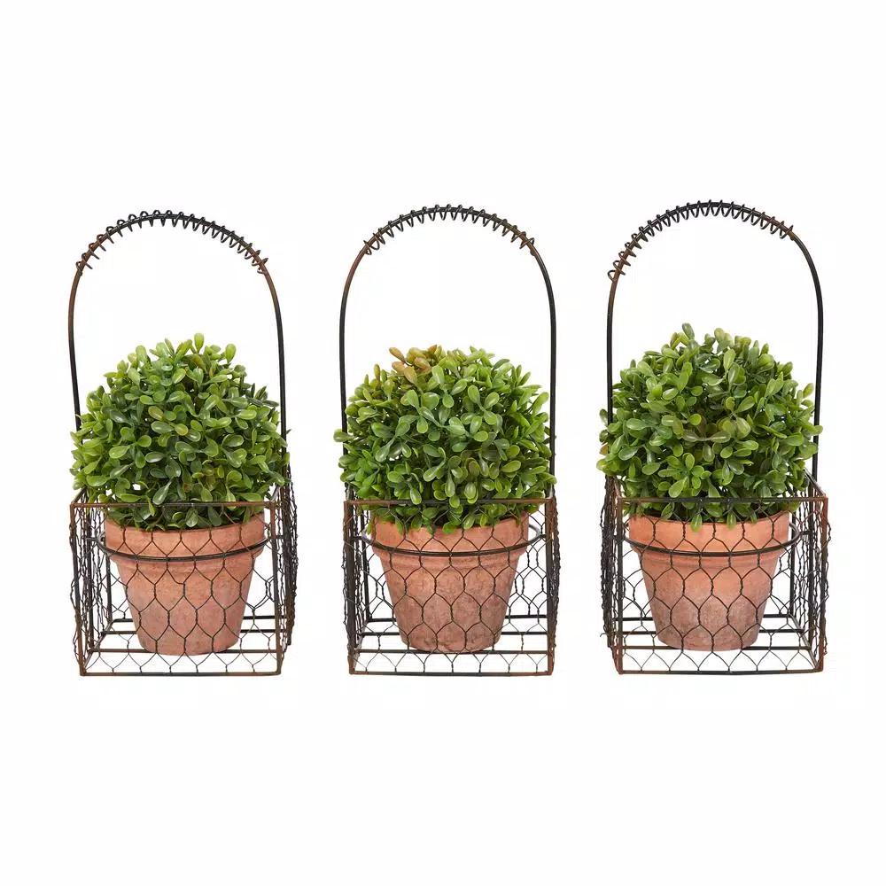 Pure Garden 9.5 in. Faux Boxwood Topiary Arrangement with Decorative Metal Wire Baskets (Set of 3)