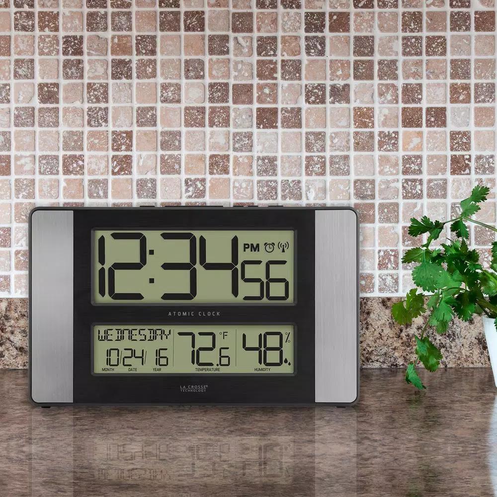 La Crosse Technology 11 in. Atomic Digital Wall Clock with Temperature, Humidity & Calendar - Aluminum Finish