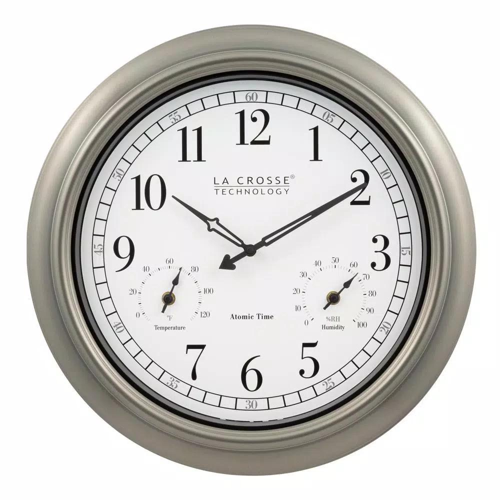 La Crosse Technology 18-Inch Atomic Analog Wall Clock with Thermometer & Hygrometer, Pewter