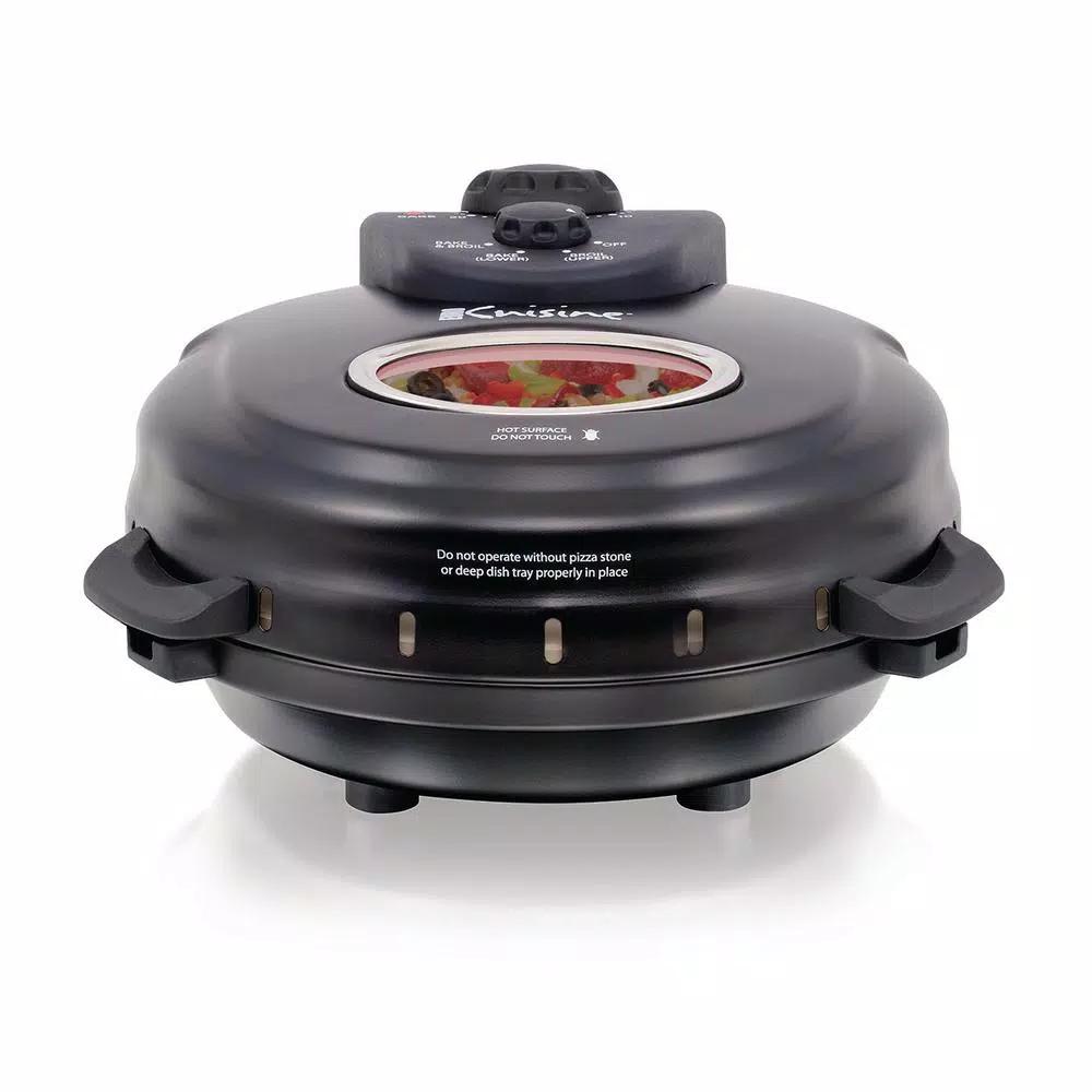 Euro Cuisine 12 in. Black Electric Pizza Maker with Rotating Tray and Lid