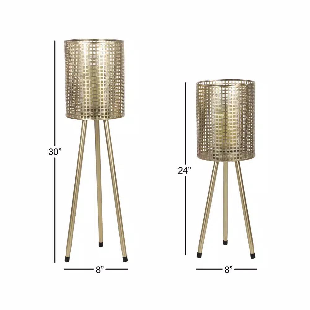 LITTON LANE Gold Mesh Metal Candle Holders on Tripod Bases, Set of 2, Industrial Style Lanterns