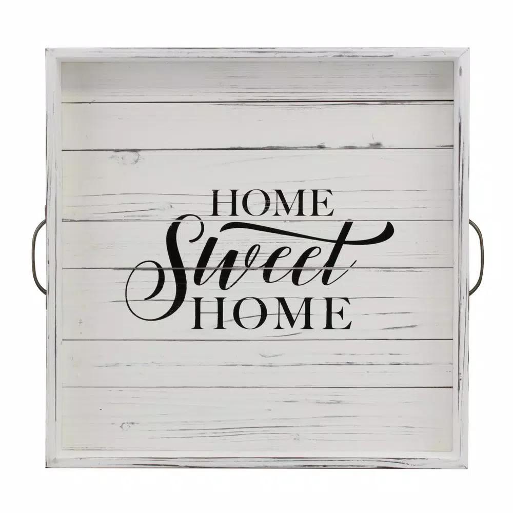 Stonebriar Collection Stonebriar Rustic White Wood Decorative Serving Tray with Metal Handles
