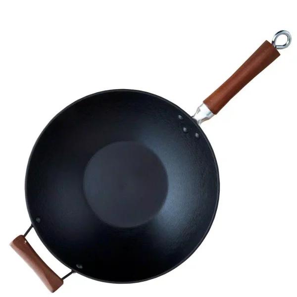 IMUSA 14 in. Light Cast Iron Pre-Seasoned Wok with Wood Handle