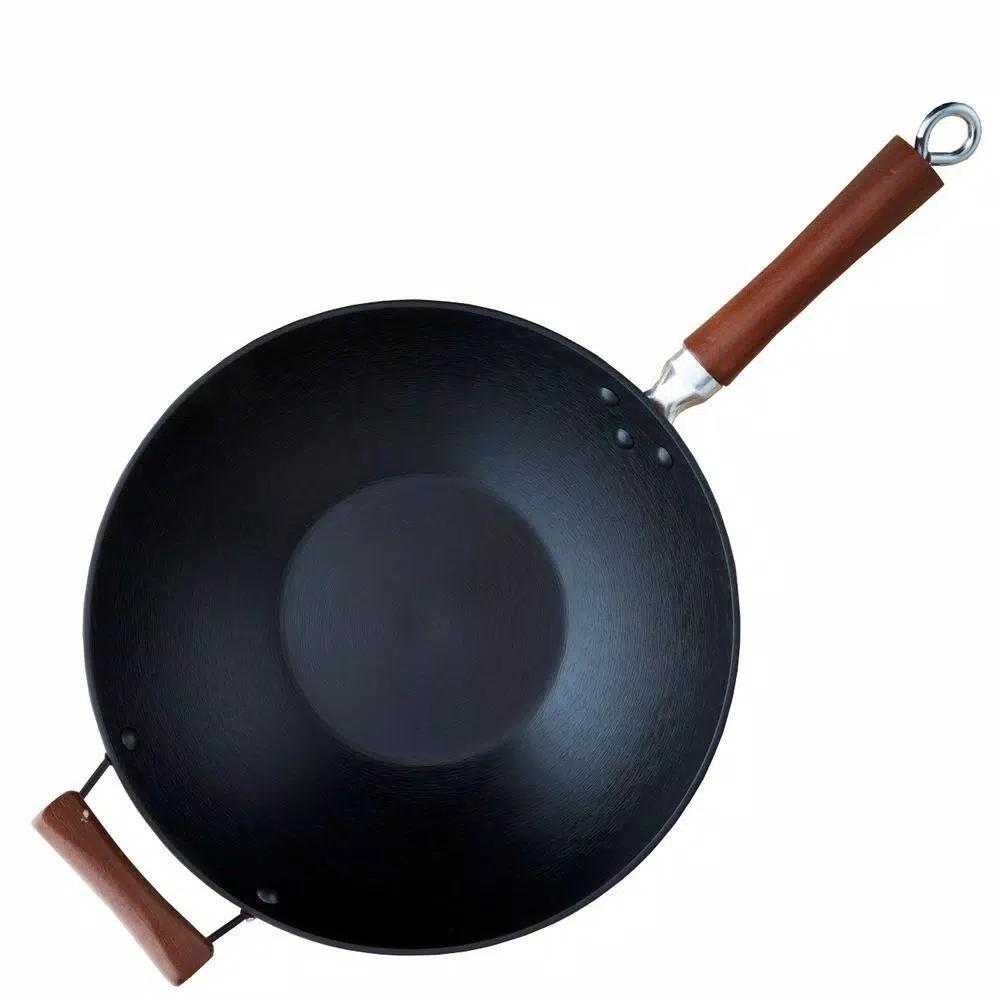 IMUSA 14 in. Light Cast Iron Pre-Seasoned Wok with Wood Handle