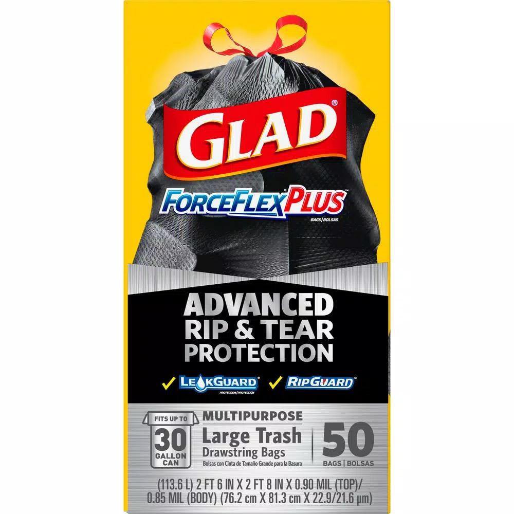 Glad ForceFlexPlus 30 Gallon Black Drawstring Large Outdoor Trash Bags, 50-Count (2-Pack)
