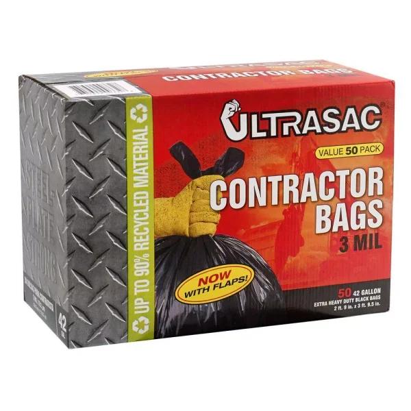 Ultrasac 42-Gallon Contractor Trash Bags with Flaps, 3 Mil Thick, Black, 50-Count