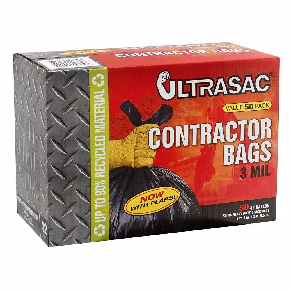 Ultrasac 42-Gallon Contractor Trash Bags with Flaps, 3 Mil Thick, Black, 50-Count