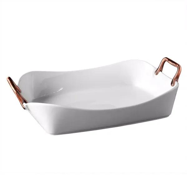 Denmark 18 in. Rectangular White Porcelain Serving Tray with Brushed Copper Handles