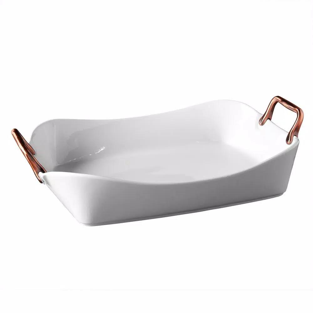 Denmark 18 in. Rectangular White Porcelain Serving Tray with Brushed Copper Handles