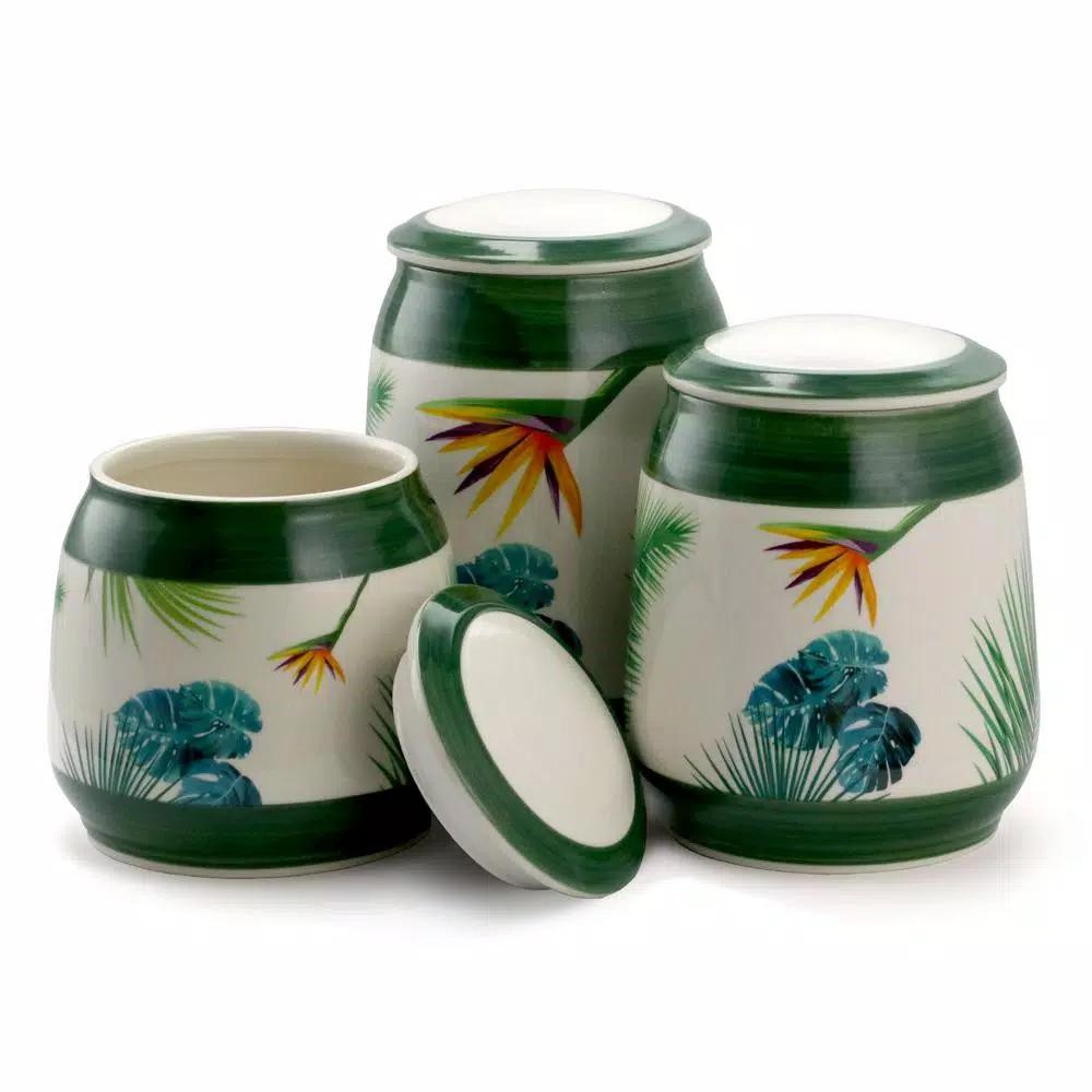 Elama Paradise Palms 3-Piece Green Ceramic Kitchen Canister Set with Airtight Lids