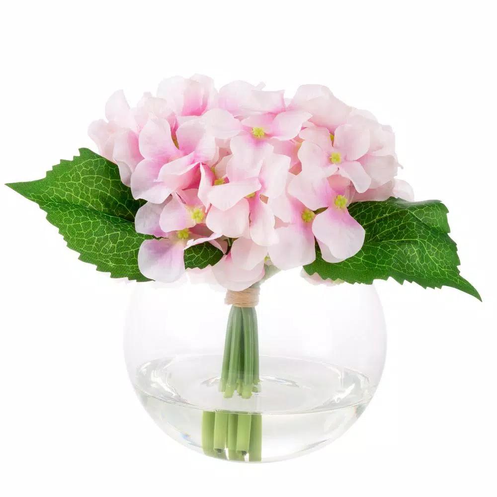 Pure Garden 7.5 in. Pink Hydrangea Artificial Floral Arrangement in Glass Vase