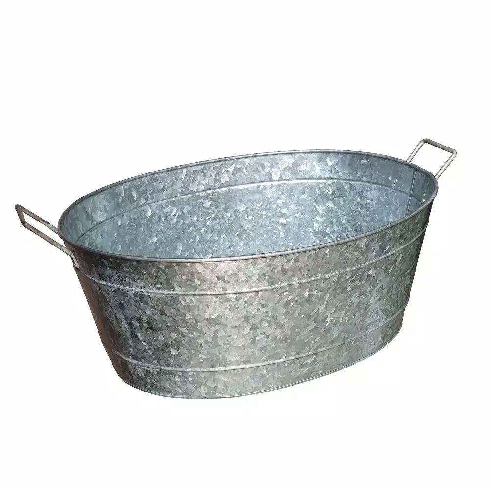 Benjara 1.1 Gal. Oval Galvanized Steel Embossed Tub with Side Handles, Silver