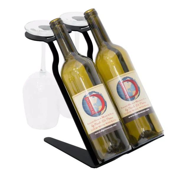 DI PRIMA USA Venetian Phantom Edition Tabletop Wine Rack - 2 Bottle & 2 Glass Capacity - Solid Steel
