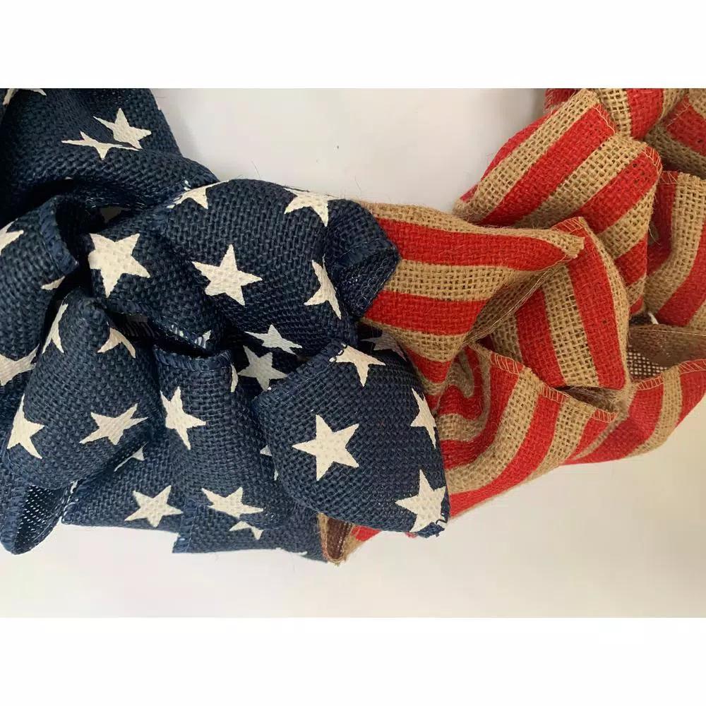 Glitzhome 22 in. Red and Blue Patriotic Burlap Wreath on Grapevine Base