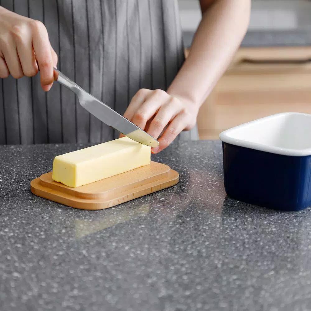 Sweese Large Porcelain Butter Dish with Beech Wood Lid - Navy Blue