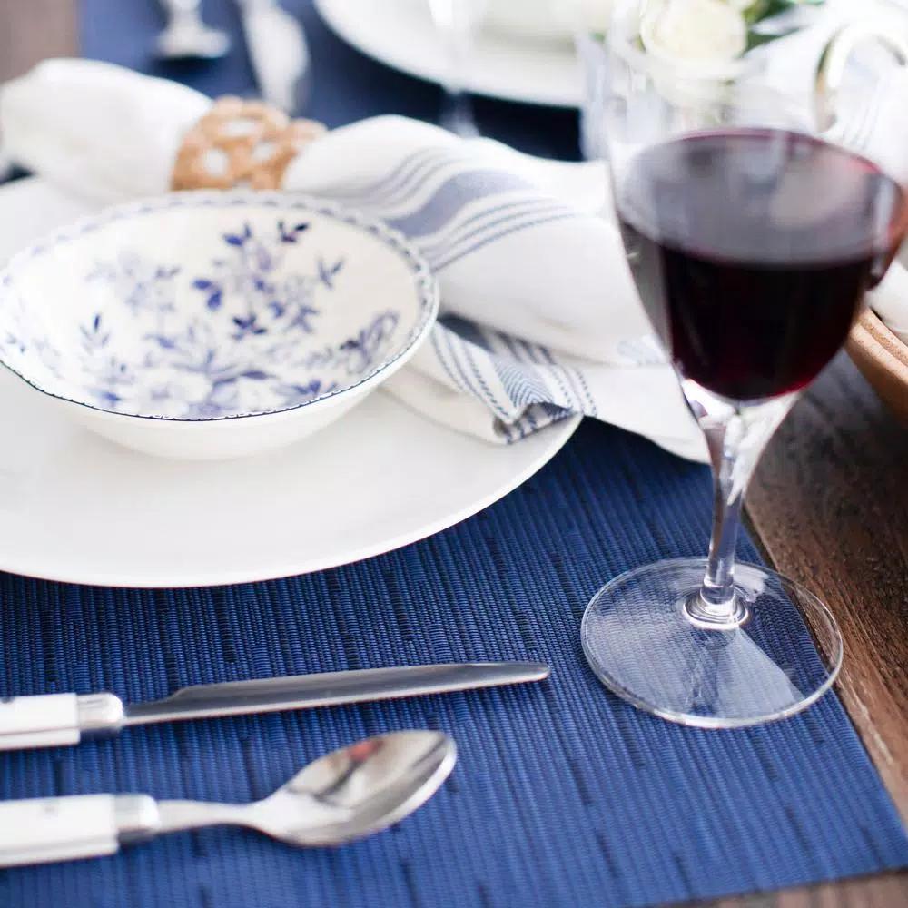 RITZ 12-Piece Blue Grass Cloth Woven Reversible Placemats, Indoor/Outdoor PVC & Polyester