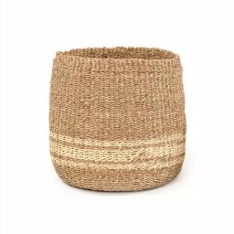 Zentique Hand Woven Seagrass and Palm Leaf Large Decorative Basket with Beige Stripes thumbnail 2