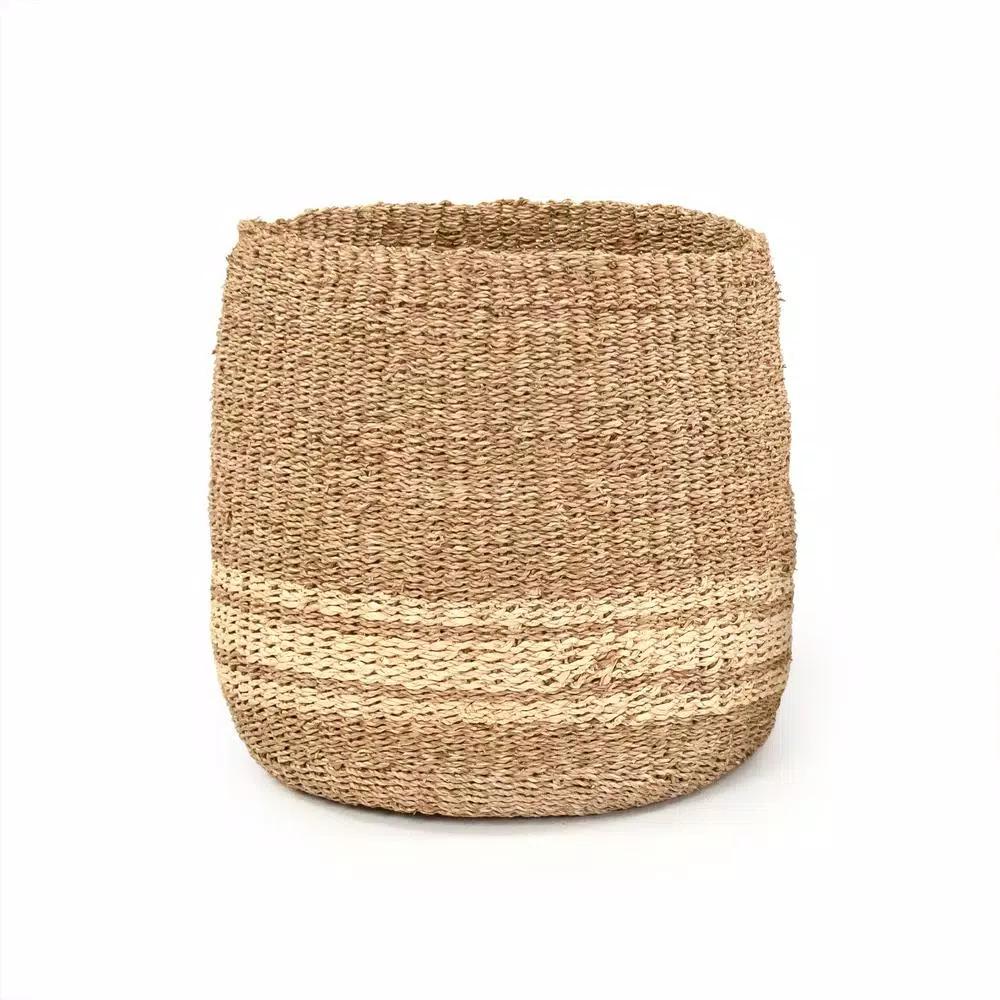 Zentique Hand Woven Seagrass and Palm Leaf Large Decorative Basket with Beige Stripes