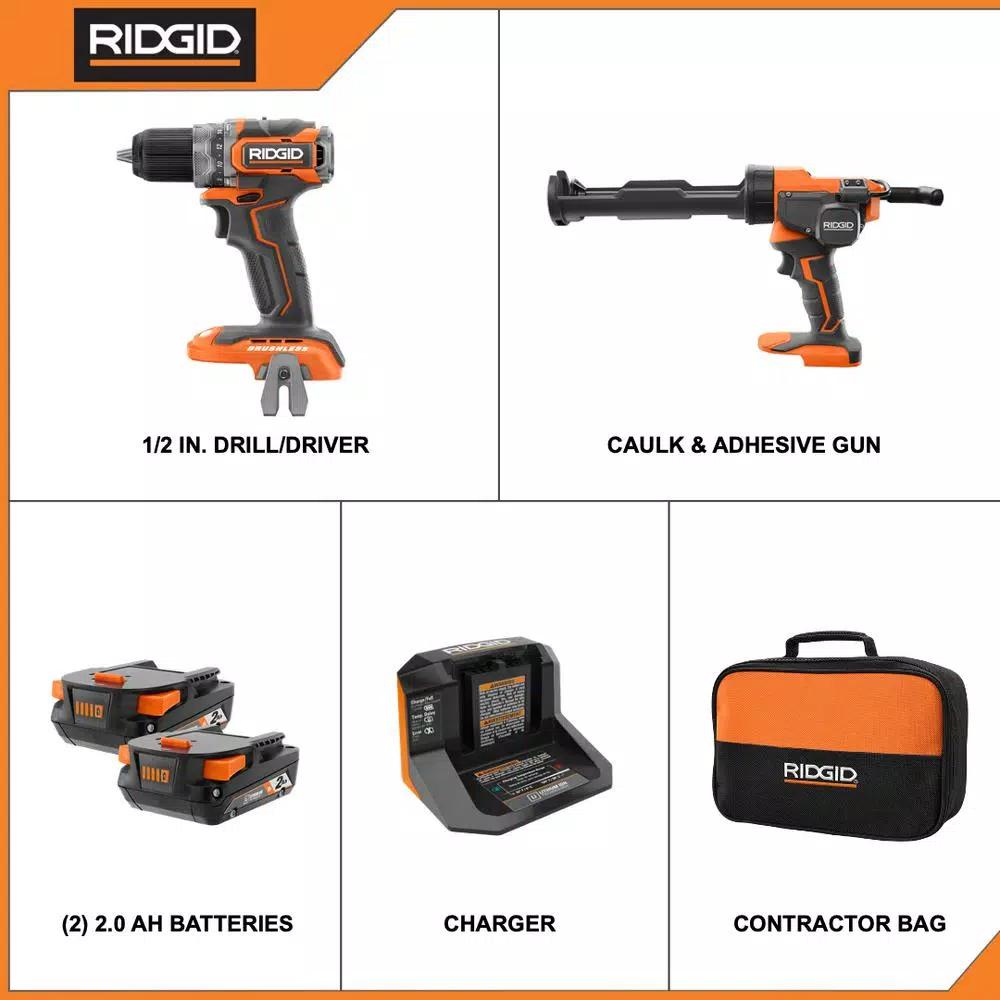 RIDGID 18V Brushless SubCompact 1/2 in. Drill/Driver & 10 oz. Caulk Gun Combo Kit