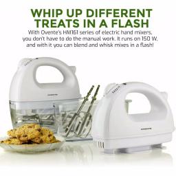 Ovente HM161 5-Speed 150W Electric Hand Mixer with Chrome Beaters and Snap-On Storage Case, White thumbnail 2