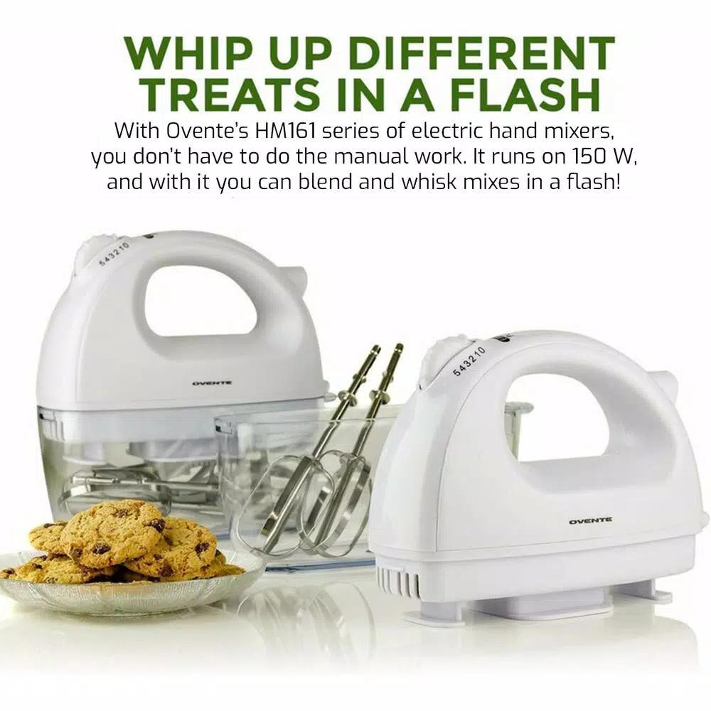 Ovente HM161 5-Speed 150W Electric Hand Mixer with Chrome Beaters and Snap-On Storage Case, White