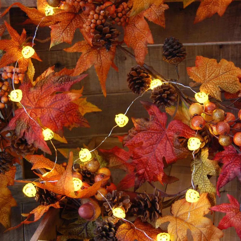 LUMABASE Jack O' Lantern LED Mini String Lights with Timer, Waterproof Battery Operated Pumpkin Lights, Set of 2