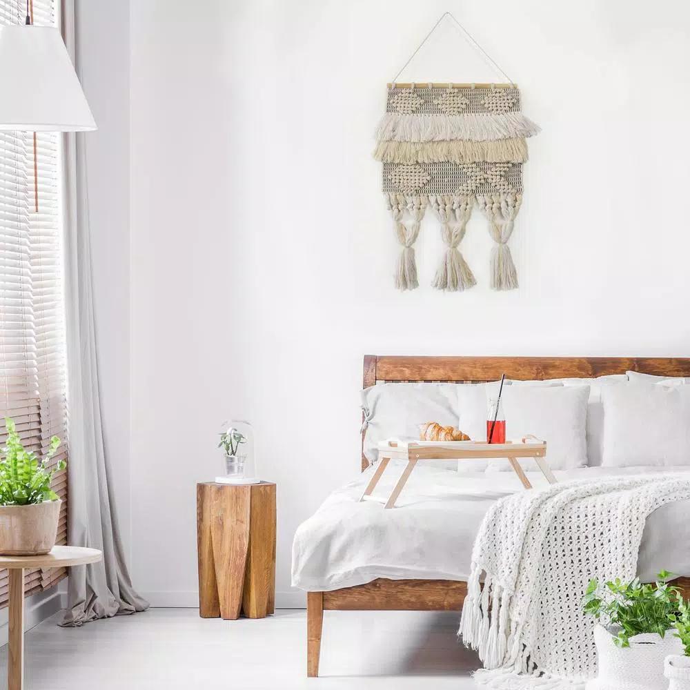 LR Home Bohemian Neutral Ivory Tasseled Wall Tapestry - Hand Woven Cotton Wall Hanging