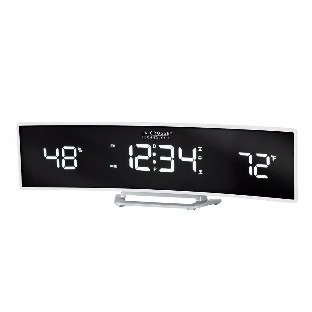 La Crosse Technology White Curved Digital Alarm Clock with Mirrored LED Display, Temperature, Humidity, and USB Charging Port