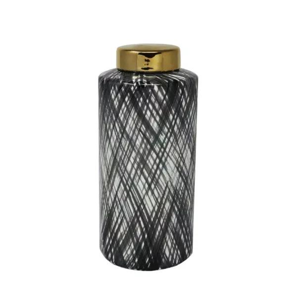 Benjara Large Black and White Ceramic Ginger Jar with Criss Cross Pattern and Gold Lid