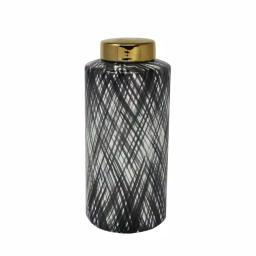 Benjara Large Black and White Ceramic Ginger Jar with Criss Cross Pattern and Gold Lid thumbnail 1