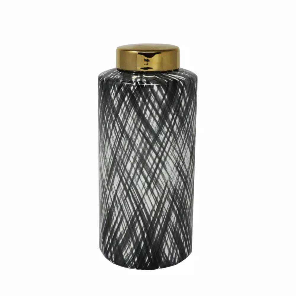 Benjara Large Black and White Ceramic Ginger Jar with Criss Cross Pattern and Gold Lid