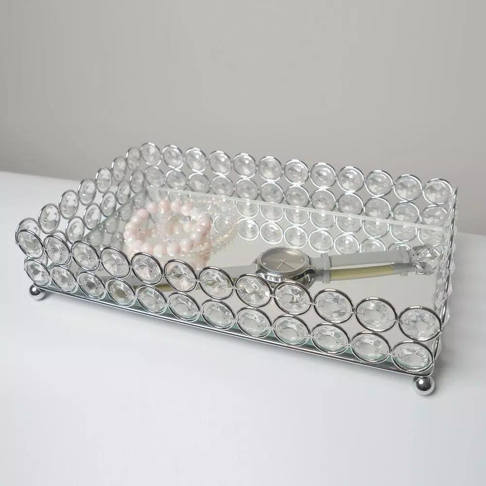 Elegant Designs 10.5 in. Chrome Ellipse Crystal Decorative Mirrored Jewelry and Makeup Vanity Organizer Tray